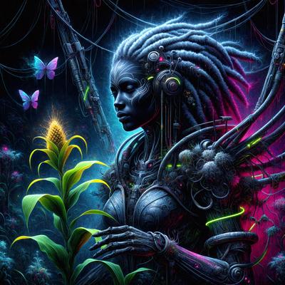 The primary subject of the image is a woman with long hair and a futuristic, cyberpunk-inspired appearance. She is surrounded by a vibrant and colorful environment, featuring a mix of natural elements and futuristic technology. The setting includes a pink background, a corn plant, and a butterfly. The visual style of the image is a digital art or illustration, with a focus on the woman's unique and intricate design. The colors and mood of the image are lively and energetic, with a strong emphasis on the woman's striking appearance and the vivid, imaginative world she inhabits.